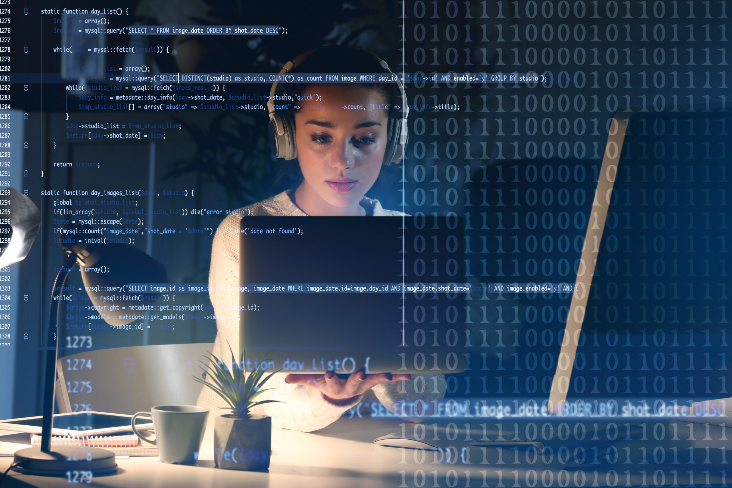Woman coding on a laptop, illuminated by a desk lamp, with lines of code and binary numbers overlaid, showcasing a programming environment.